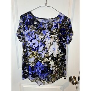 Flourish Womens Blouse Floral Keyhole‎ Neckline Blue Multi Size M